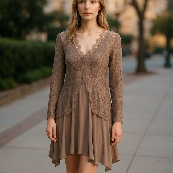 NEW Jodifl Womens Sz S Cutout Lace Boho Dress Tunic Dusty Asymetrical Hem Summer - Picture 1 of 8